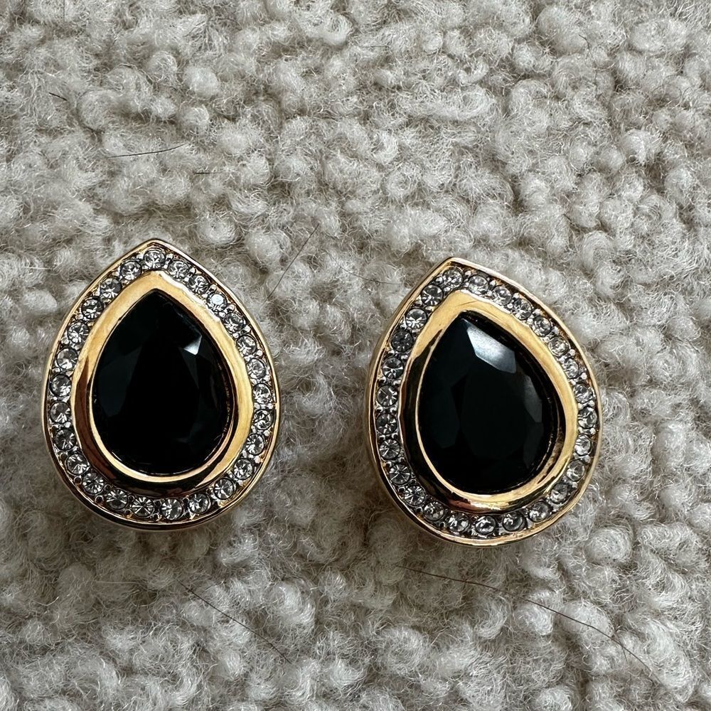 Vintage Swarovski S A L Tear Drop Black & Clear Pave Crystals Clip-On Earrings